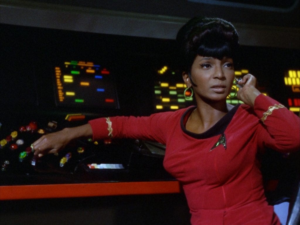 Uhura on the bridge in Star Trek